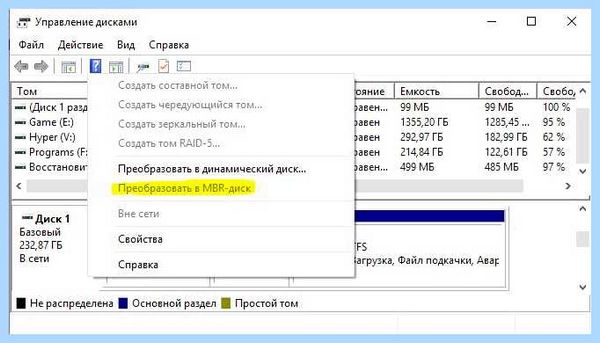 Выбранный диск имеет gpt