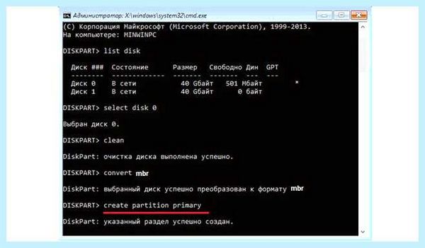 Выбранный диск имеет раздел gpt