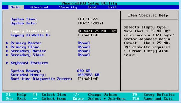Entering setup bios