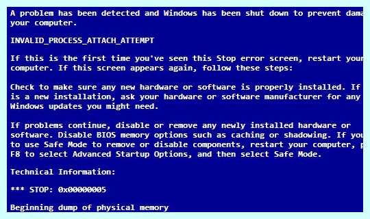 Error code 0x00000005 (error, code, 0x00000005, code 0x00000005, system elements, 0x00000005 INVALID_PROCESS_ATTACH_ATTEMPT) Error code 0x00000005