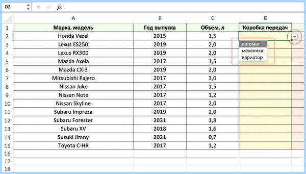 Excel выпадающий список в ячейке