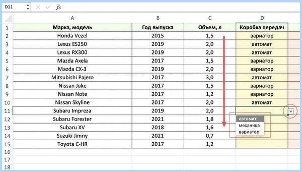 Excel выпадающий список в ячейке