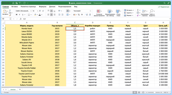 Excel закрепить область