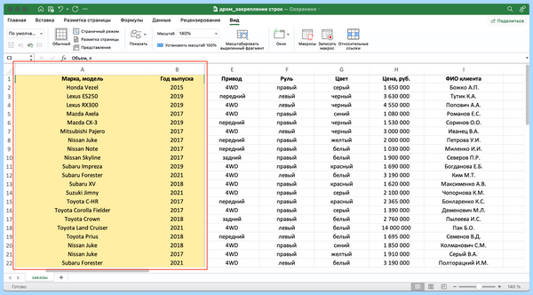 Excel закрепить область