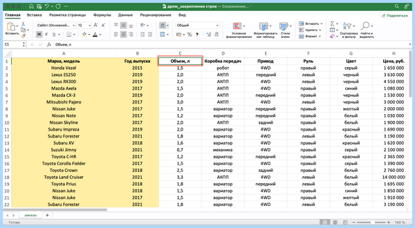Excel закрепить область