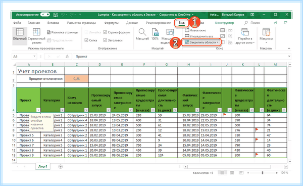 Excel закрепить области