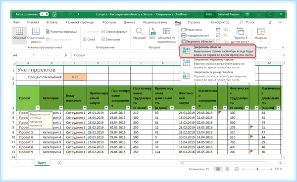 Excel закрепить области