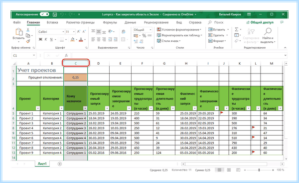 Excel закрепить области