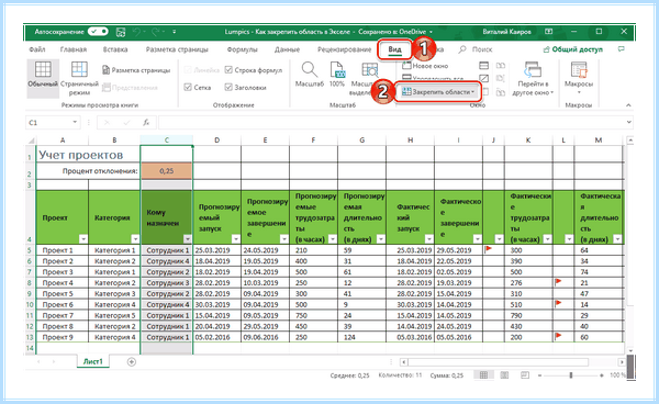 Excel закрепить области