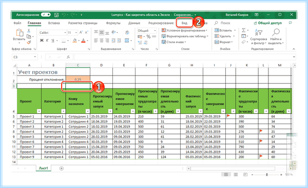 Excel закрепить области