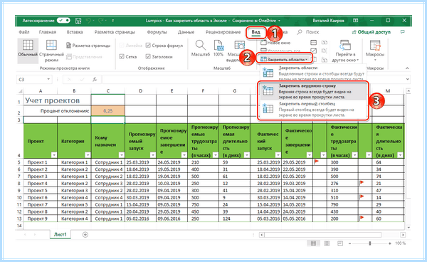 Excel закрепить области