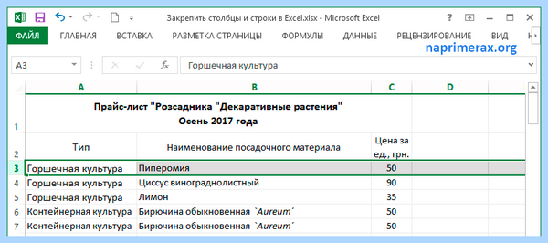 Excel закрепить строку и столбец одновременно