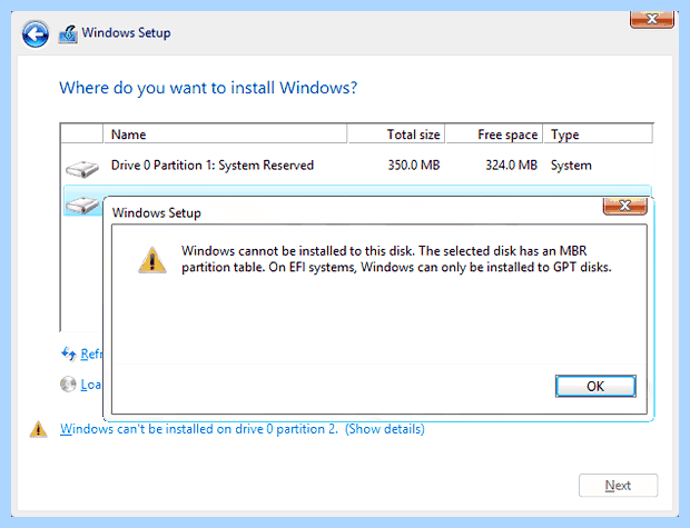 Windows можно установить только на gpt диск