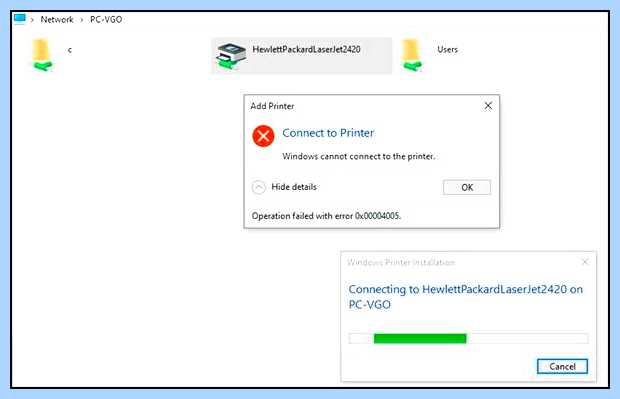Windows не удалось подключиться к принтеру