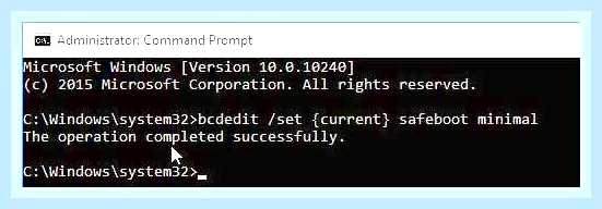 bcdedit /set <current></p>
<p> safeboot minimal 