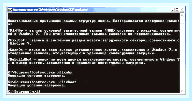 Восстановление mbr windows 7 через командную строку