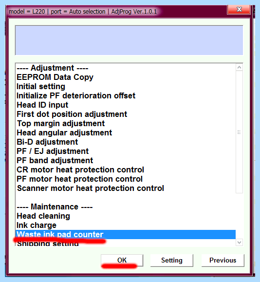 Adjustment epson l222