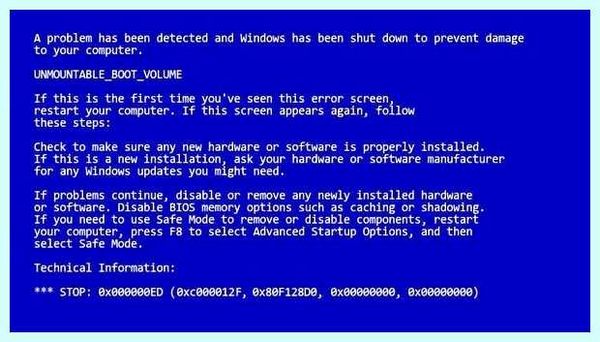 Unmountable boot volume 0x000000ed