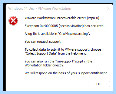 Warning s007 exception 0xc0000005