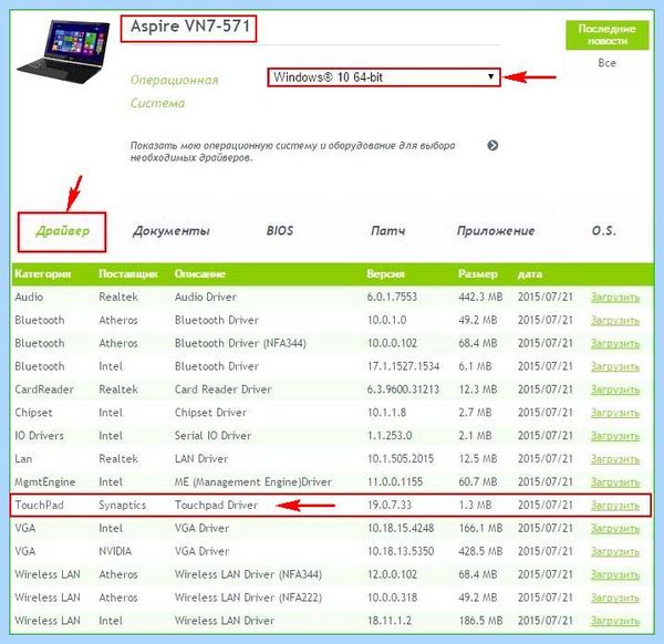 Aspire e15 не работает тачпад