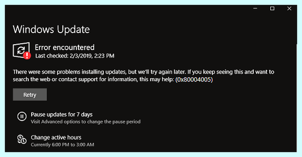 Windows 10 20h2 ошибка 0x80004005