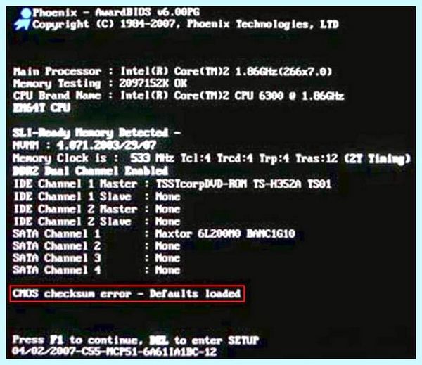 Cmos checksum error defaults