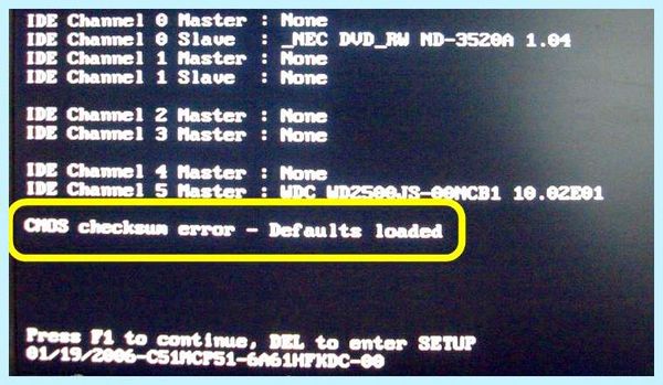 Cmos checksum error defaults
