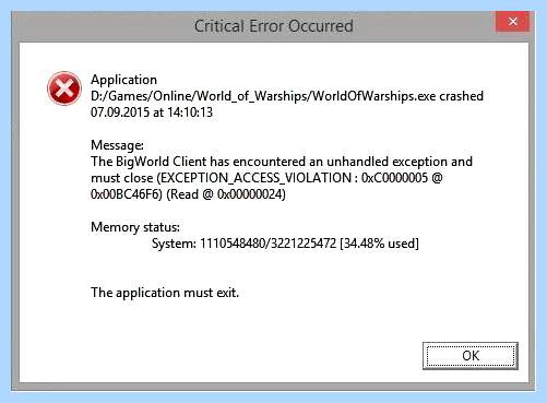 Critical error occurred world of warships